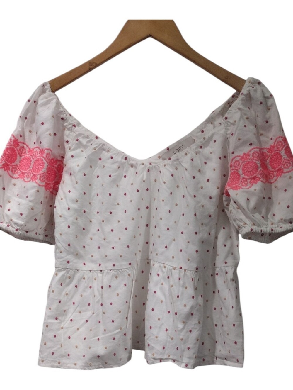 LOFT White Peplum Blouse with Pink Embroidery